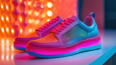 Pair of sport shoes in neon light. Shoe shop.の素材