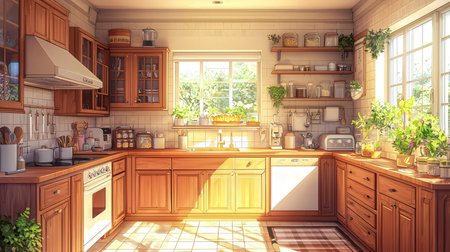 Kitchen interior design. 3D rendered illustration. Vintage style.の素材