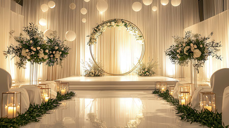 3d render of a wedding arch decorated with flowers and candles.の素材