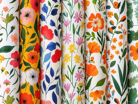 Seamless pattern with colorful flowers and leaves. Colorful background.の素材