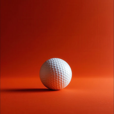 Golf ball on a red background. Place for your text.の素材