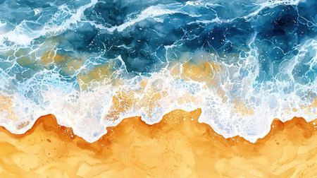 Seascape with blue and yellow waves. Watercolor illustration.の素材