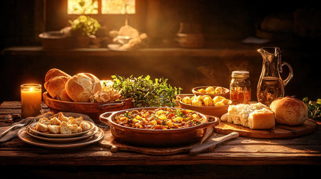 Traditional spanish food paella served on wooden table in rustic styleの素材