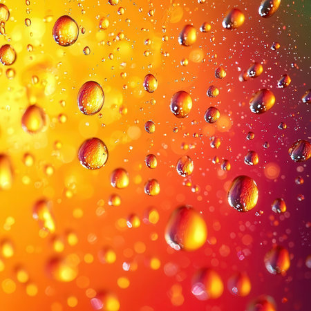 Water drops on the glass with orange and red background, abstract backgroundの素材