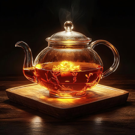 Glass teapot with hot tea on wooden table. 3d renderingの素材