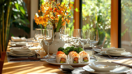 Sushi rolls set on the table in the restaurant. Selective focus.の素材