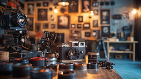 Photographer equipment on wooden table. Vintage camera and lenses on the background.の素材