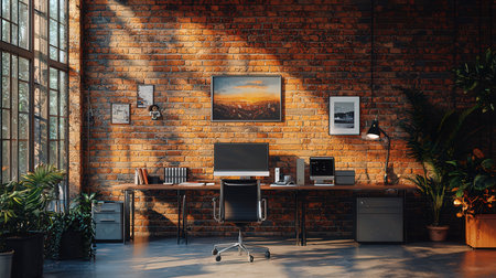 Modern loft office interior with brick wall, computer and plants. Workplace concept. 3D Renderingの素材