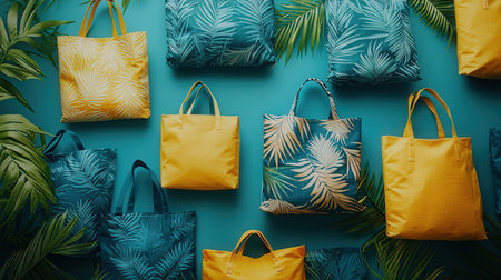 top view of beach bags with tropical leaves on blue background, flat layの素材
