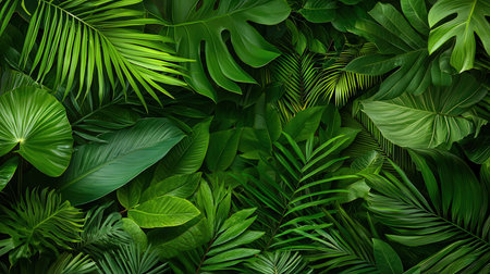 Tropical leaves background. Top view, flat lay, copy spaceの素材