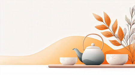 Tea ceremony background with teapot and cup. Vector illustration.の素材