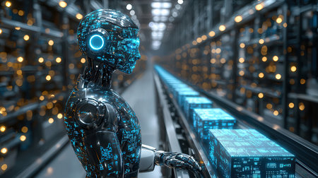 Cyborg in data center 3D rendering. Robot in data center.の素材