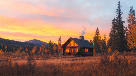 Wooden cabin with smoking chimney in autumn forest at sunset.の素材