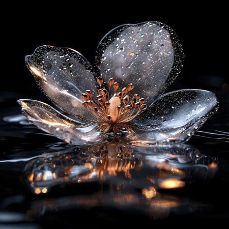 Beautiful transparent flower with water drops on a black background with reflectionの素材