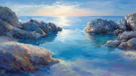 Beautiful seascape with sea and rocks. Digital painting.の素材