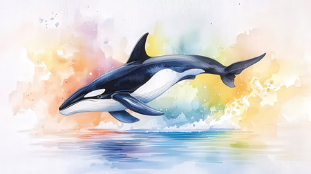 illustration of a killer whale on watercolor background with splashesの素材