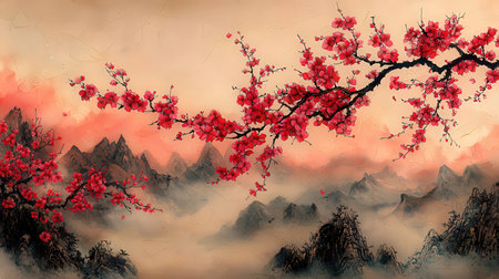 Chinese painting of cherry blossom in the mist, digital art illustrationの素材