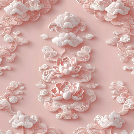 Seamless pattern with white paper flowers on pink background. 3D renderingの素材