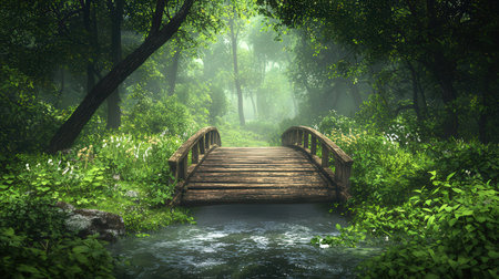 Wooden bridge over a river in a mysterious forest. 3d renderの素材