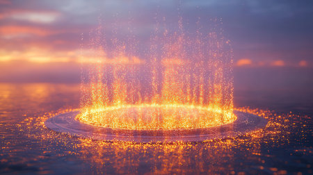 Fountain at sunset. 3d rendering. Glowing background.の素材