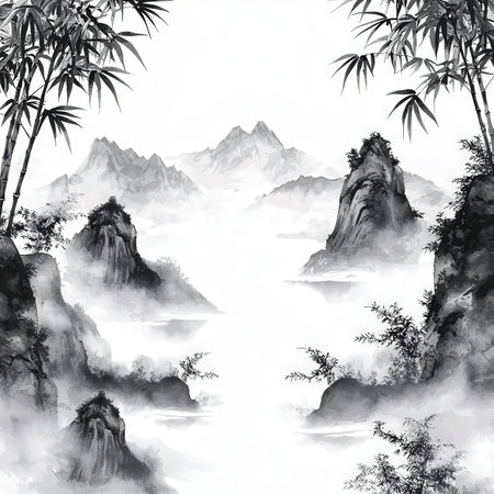 Watercolor painting of a tropical landscape in black and white colors.の素材