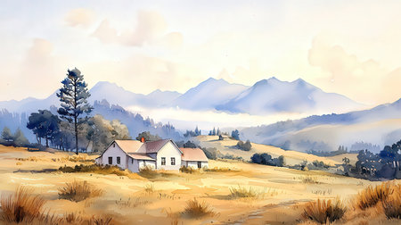 Digital painting of a rural landscape with a small house in the foregroundの素材
