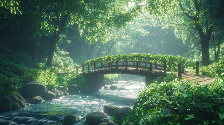 Beautiful bridge in the park with green trees and grass, retro styleの素材