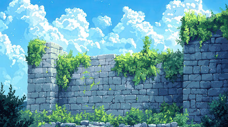 Illustration of a stone wall with green trees and clouds in the skyの素材