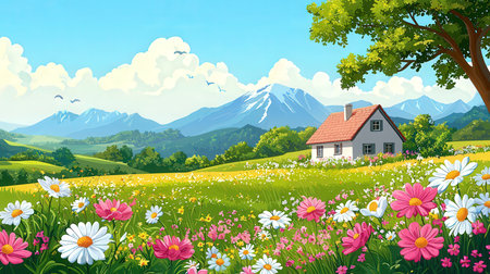 Beautiful summer landscape with flowers and a house. Vector illustration.の素材