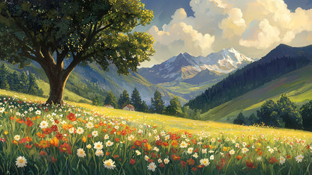 Spring landscape with daffodil flowers in the meadow.の素材