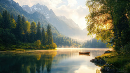 Foggy morning at the lake in mountains. Picturesque autumn landscape.の素材