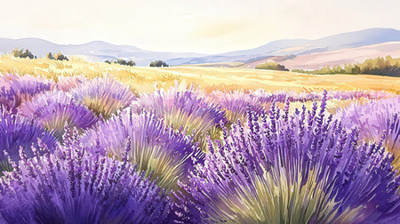 Digital painting of lavender field in Provence, France.の素材