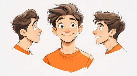 Young men with different facial expressions. Vector illustration of cartoon characters.の素材