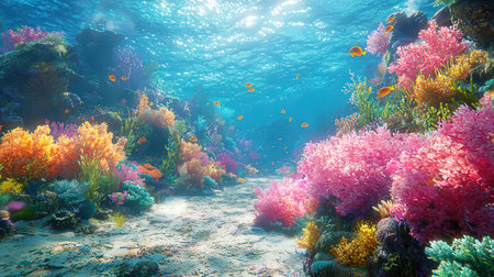 Underwater view of coral reef and tropical fish. 3d renderingの素材