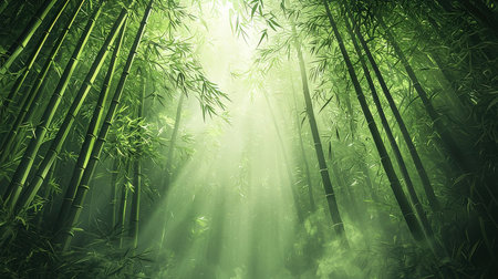 Green bamboo forest with sunlight in the morning. 3D illustration.の素材