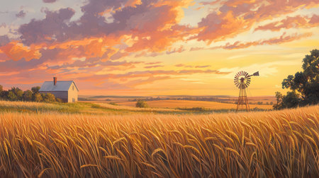 Sunset over wheat field with windmill in the background - 3D renderの素材