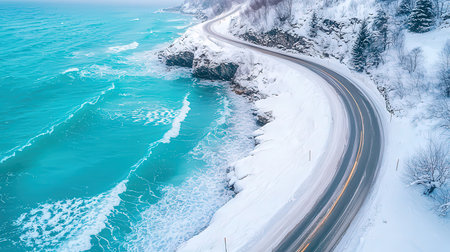 Aerial view of road and sea in winter season with snow.の素材
