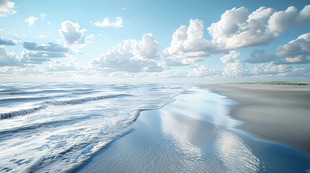 Beautiful seascape with sandy beach and blue sky with cloudsの素材