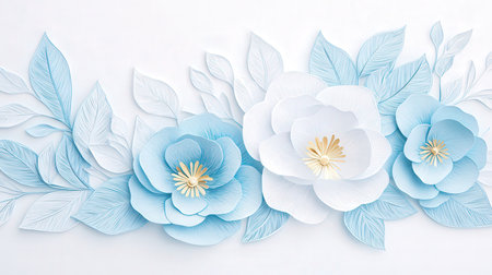 Blue paper flowers with leaves on white background. Vector Illustration.の素材