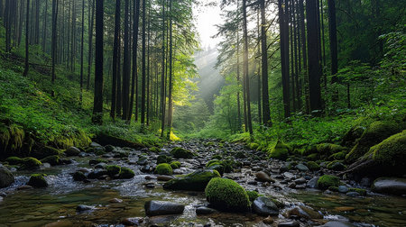 Morning in the forest. Beautiful landscape with a mountain river and green treesの素材