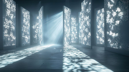 3D rendering of a corridor with light coming through the glass doorの素材