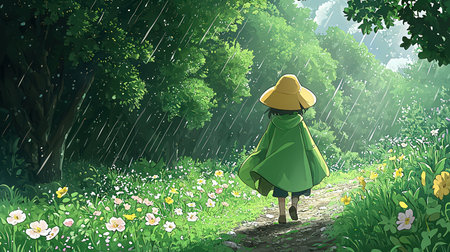 Girl in a raincoat and hat walking in a green meadowの素材