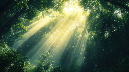 Sunbeams shining through the trees in the forest. Nature backgroundの素材