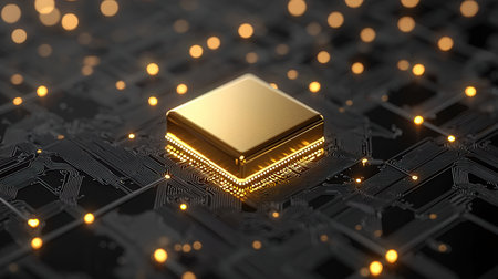 3d rendering of a gold microchip on a black motherboard.の素材
