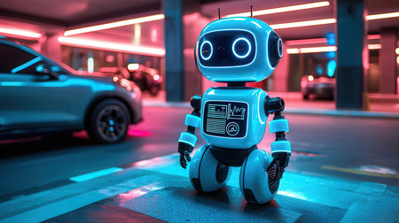 3d rendering cute robot standing on the road in night city.の素材