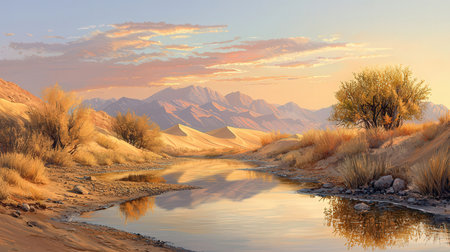 river in the desert at sunset. 3d rendering. Computer digital drawing.の素材