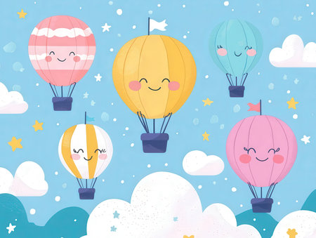 Seamless pattern with cute hot air balloons and clouds. Vector illustration.の素材