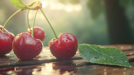 Cherries on a wooden table with water droplets on itの素材
