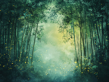 bamboo forest at night with stars and bokeh, illustrationの素材