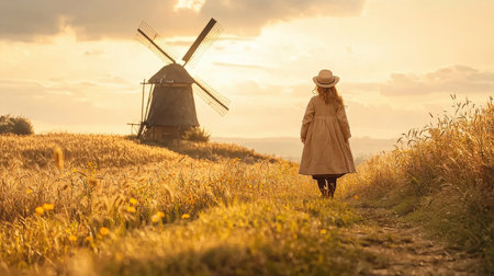 Beautiful girl in a wheat field with windmills at sunsetの素材